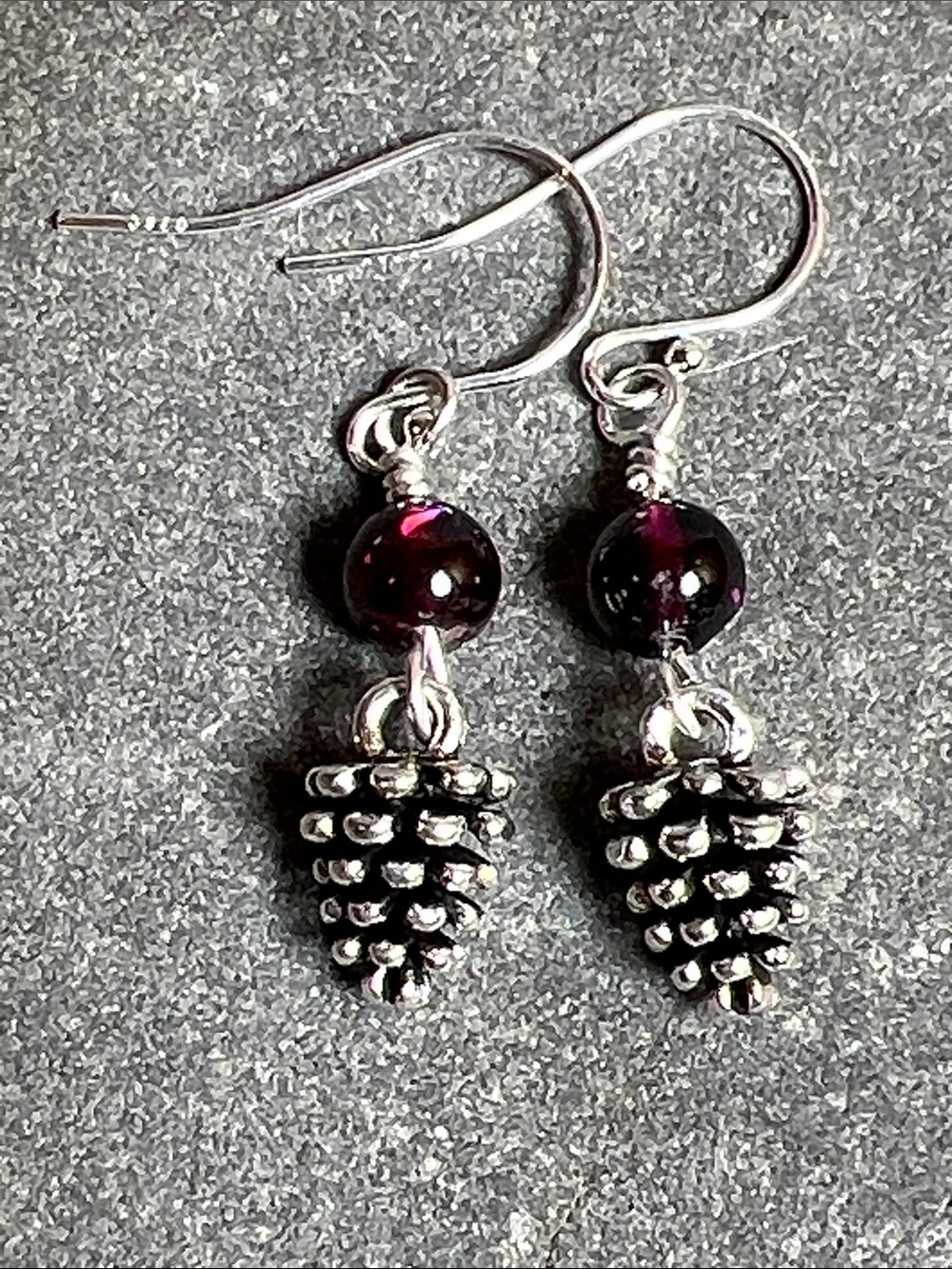 Garnet gemstone dangle earrings, Sterling Silver earwires, tiny pinecone charms